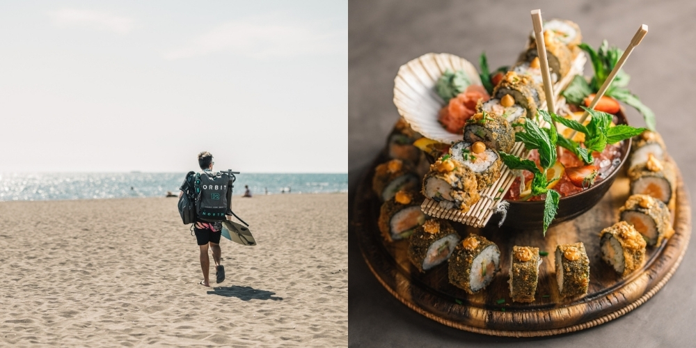 Two pictures of Dolcinium, showing the kitesurfing and the restaurant.